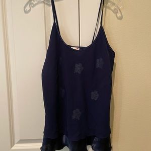 satin floral top with mesh overlay